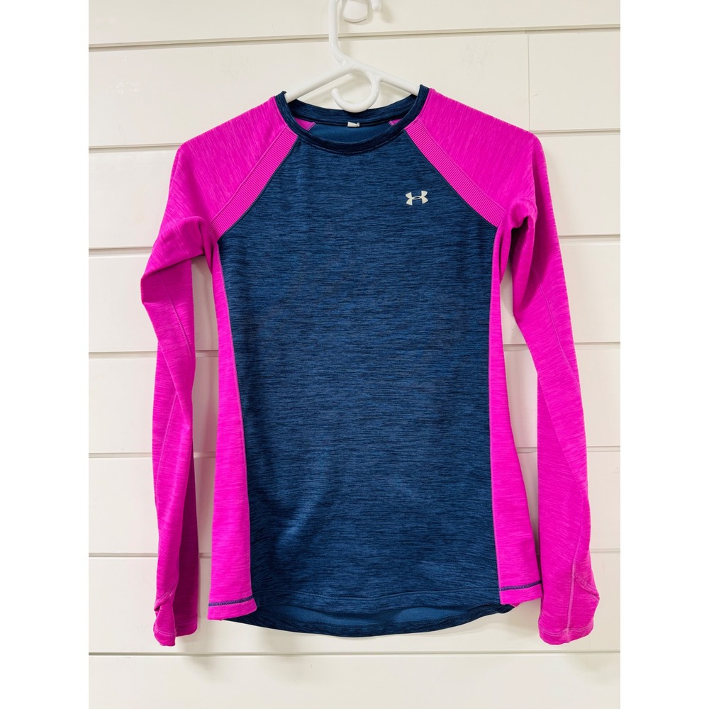 Under Armour Girls HeatGear Long Sleeve Athletic Top Pink Navy Blue Thumbholes